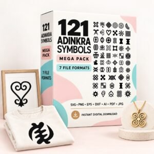 121 Adinkra Symbols Mega Pack digital download box with framed art, T-shirt and Adinkra jewellery examples